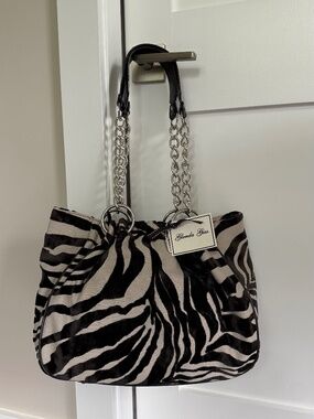 Glenda Gies Chenille Zebra Print Handbag. Silver Chain. Millie. NWT